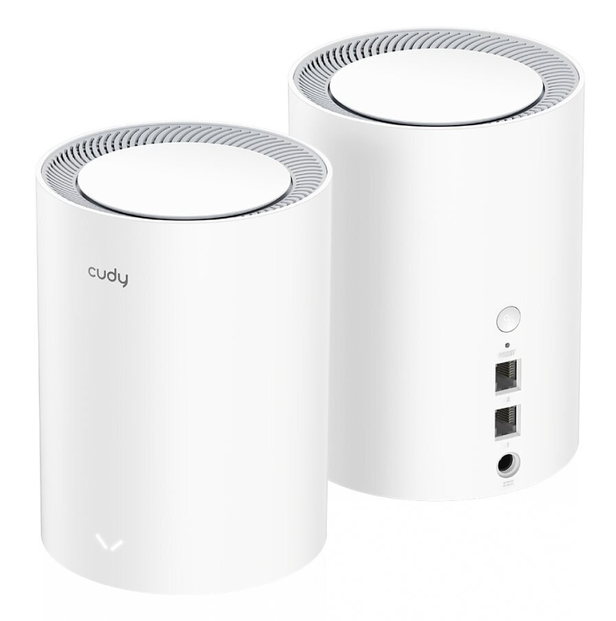 Dwa białe, cylindryczne routery WiFi Cudy mesh. Mają czysty design z portami i przyciskiem zasilania.
