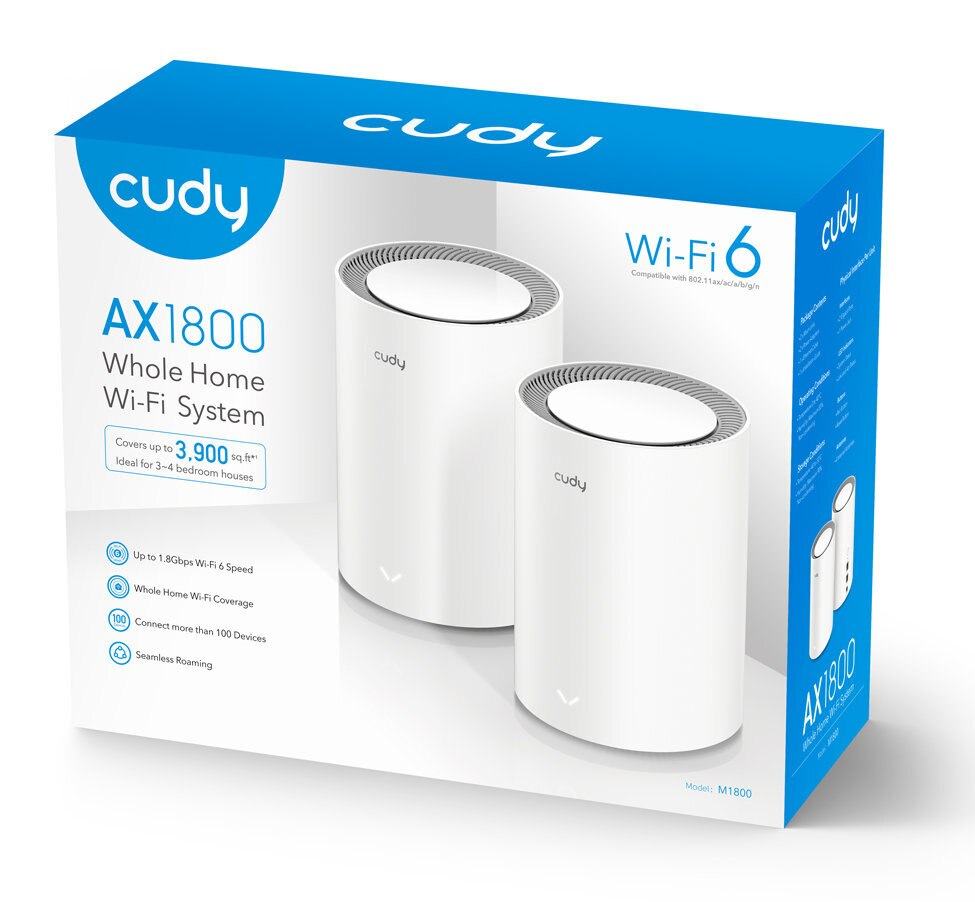 Pudełko systemu Wi-Fi Cudy AX1800. Pokazuje dwa białe urządzenia routera w środku.