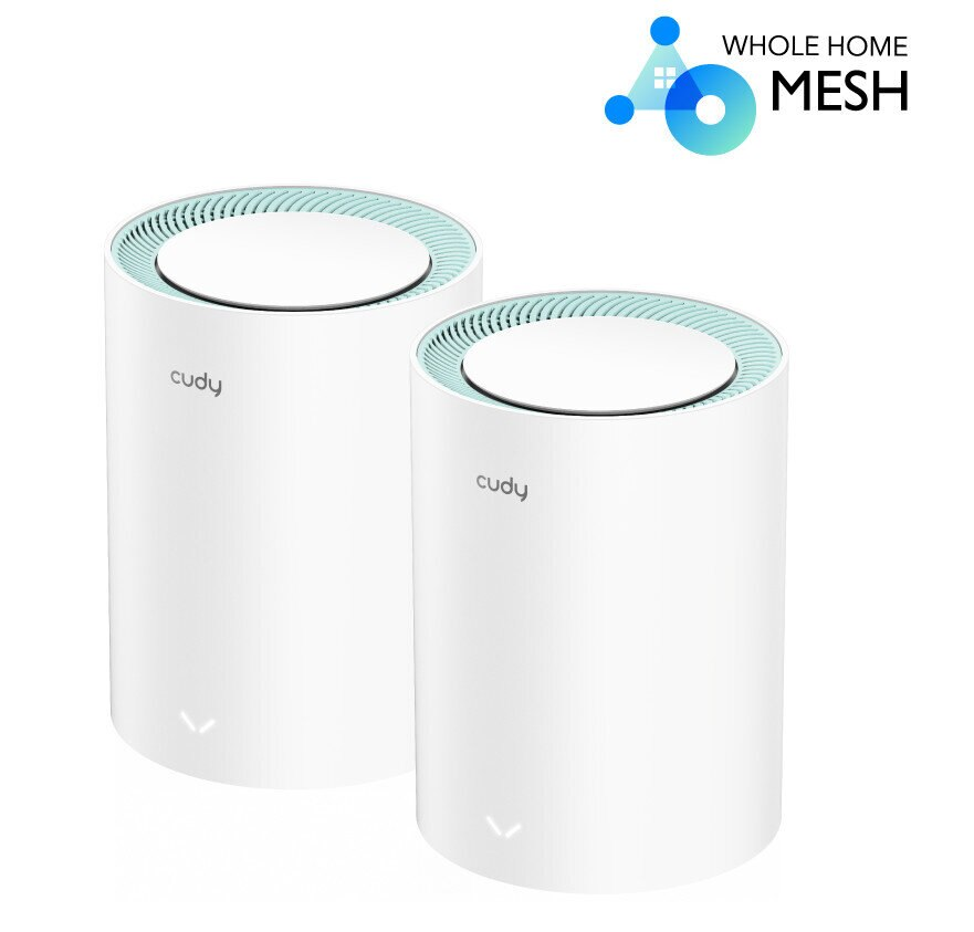 Dwa białe, cylindryczne rozszerzenia sieci Mesh Wi-Fi z logo 'cudy' na białym tle. Logo 'Whole Home Mesh' u góry.