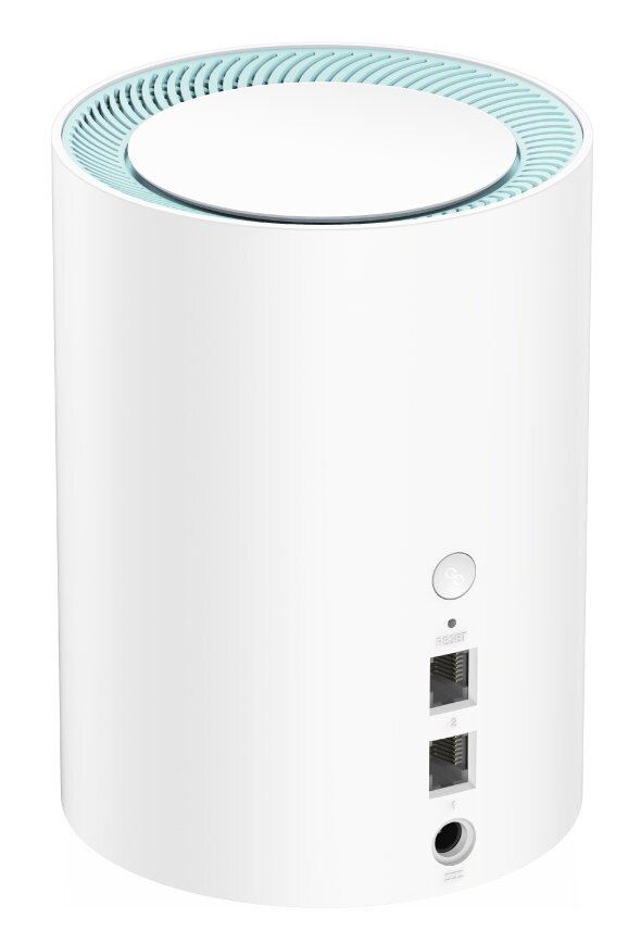 Białe cylindryczne urządzenie z portami z tyłu. U góry niebieski otwór wentylacyjny, na dole porty.