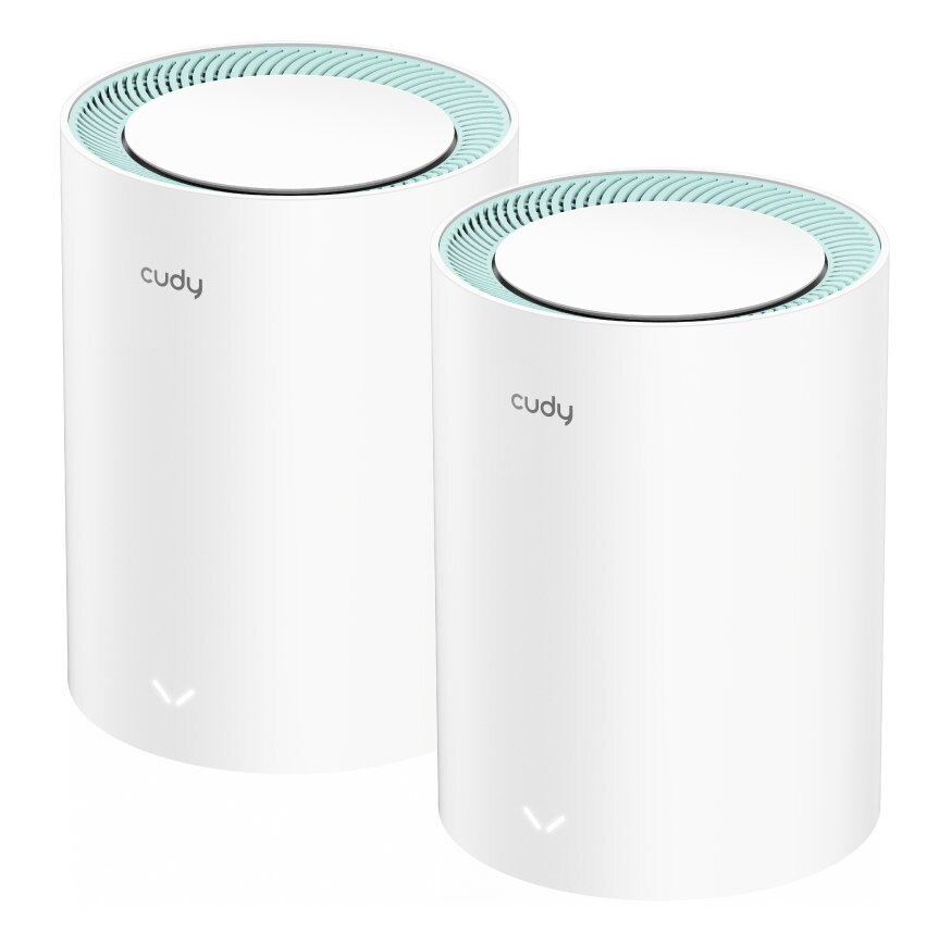 Dwa białe cylindryczne urządzenia, być może routery, z jasnoniebieskim wierzchem i słowem 'cudy' z boku.