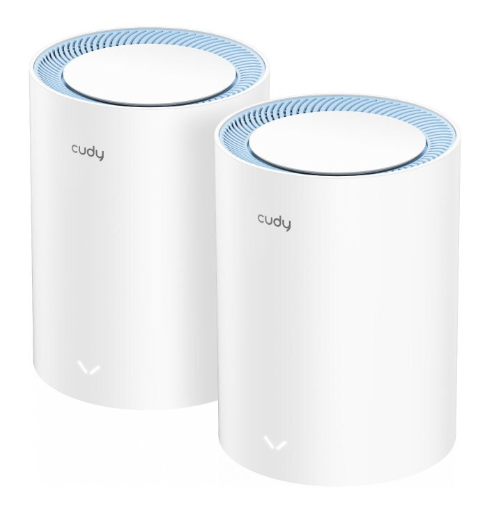 Dwa białe, cylindryczne urządzenia WiFi Cudy mesh. Każde ma niebieski wierzch i logo Cudy.