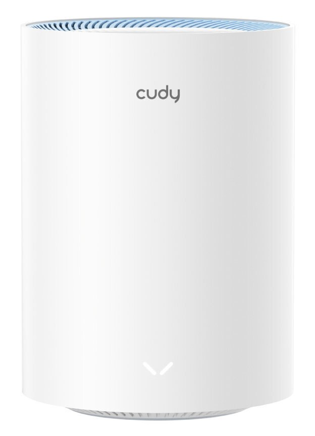 Biały router Cudy. Logo Cudy jest pośrodku. Góra jest niebieska.