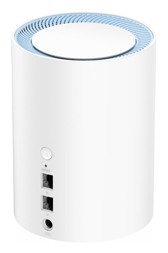 Biały cylindryczny router z niebieskim wierzchem i portami z tyłu. Na białym tle.