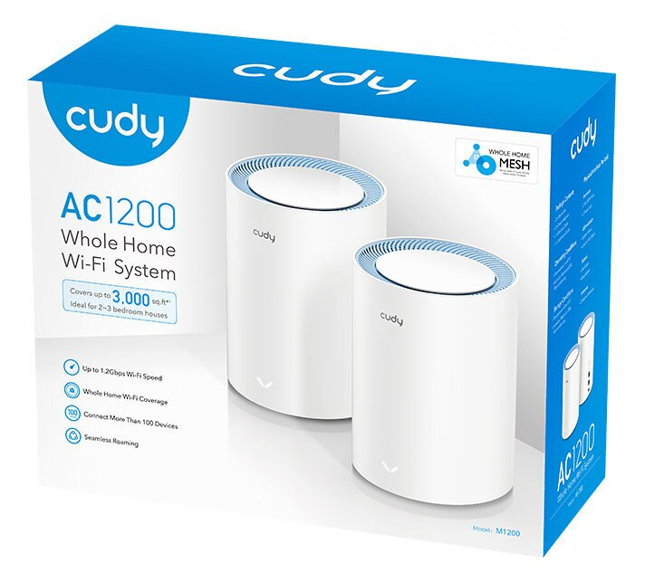 Pudełko Cudy AC1200 Whole Home Wi-Fi System. Dwa białe routery mesh po prawej stronie pudełka.