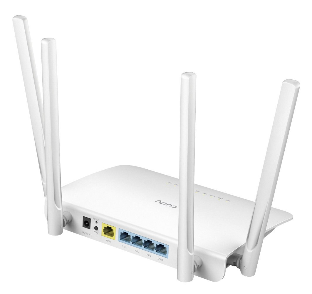 Biały router z czterema antenami. Posiada porty i wskaźniki zasilania z tyłu.