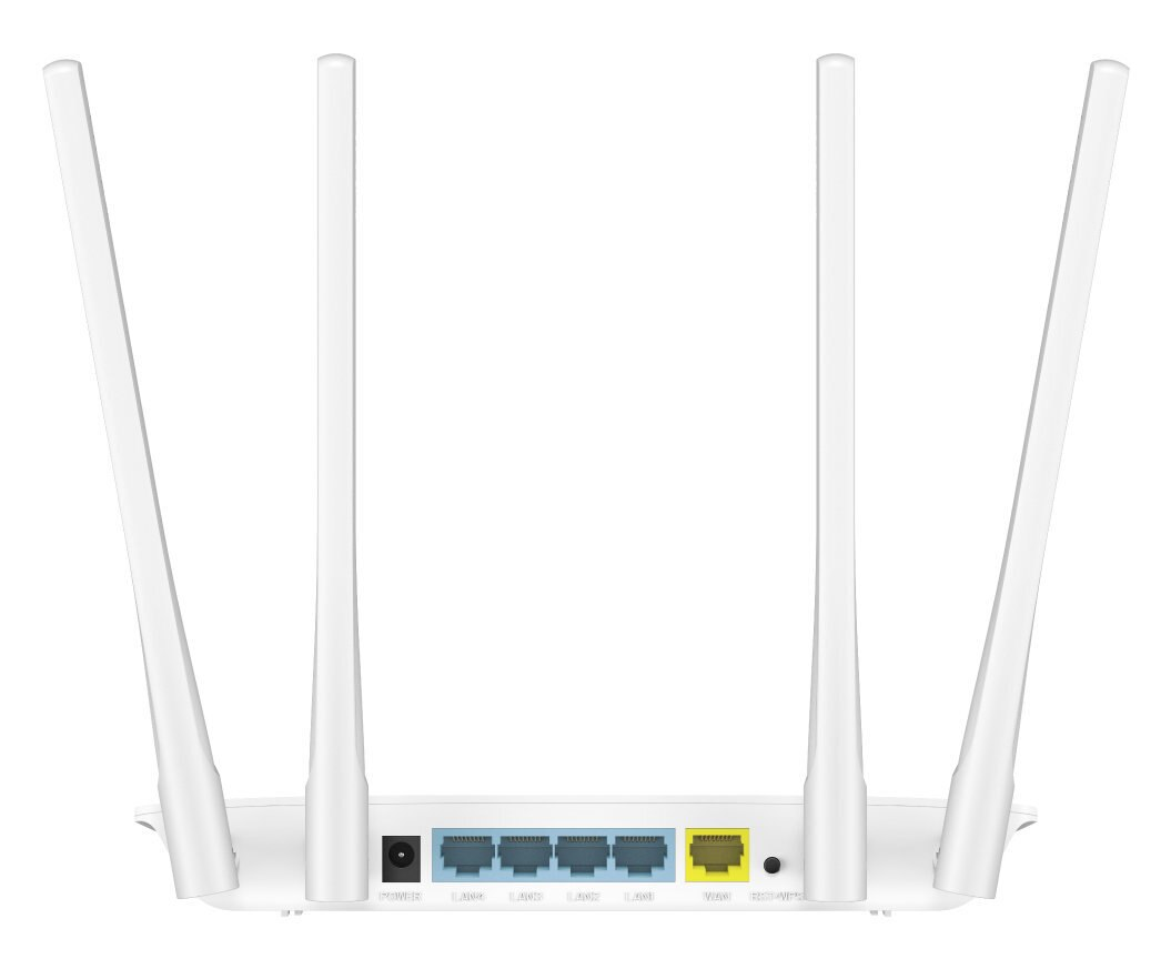 Biały router z czterema antenami i portami z tyłu, na białym tle.