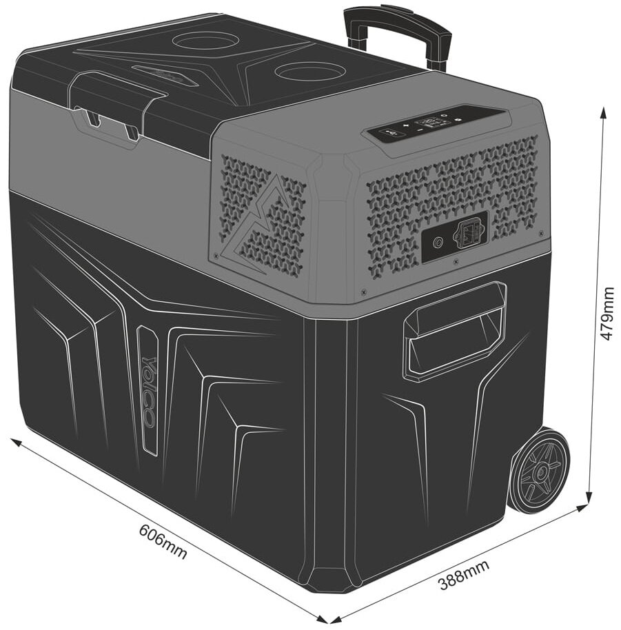 Czarno-szara przenośna chłodziarka z kółkami i uchwytem, z oznaczonymi wymiarami. Chłodziarka ma logo 'Yoico' i panel sterowania.