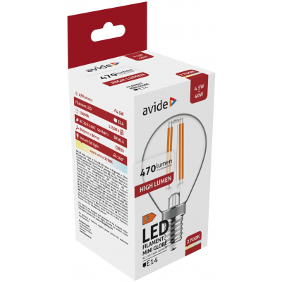 AVIDE LED Filament Mini Globe gömb izzó, 4.5W, E14, 470lm, WW 2700K, meleg fehér (ABLFMG14WW-4.5W)