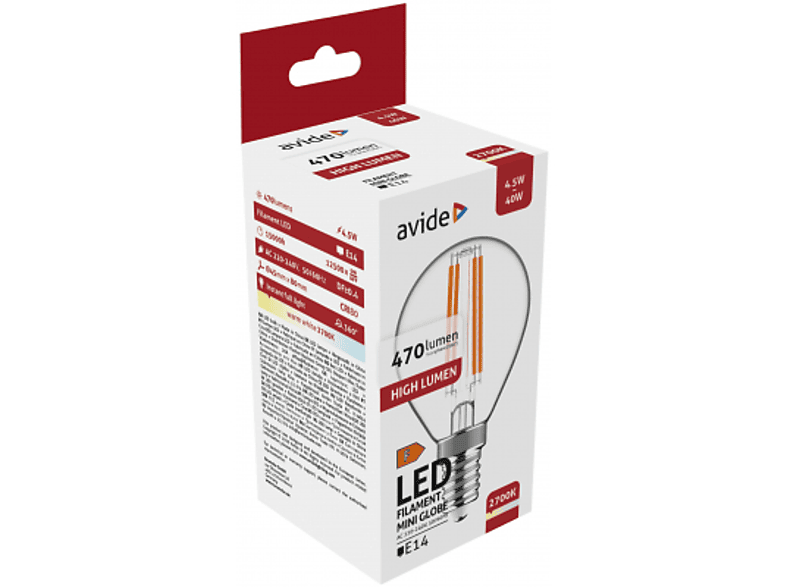 AVIDE LED Filament Mini Globe gömb izzó, 4.5W, E14, 470lm, WW 2700K, meleg fehér (ABLFMG14WW-4.5W)