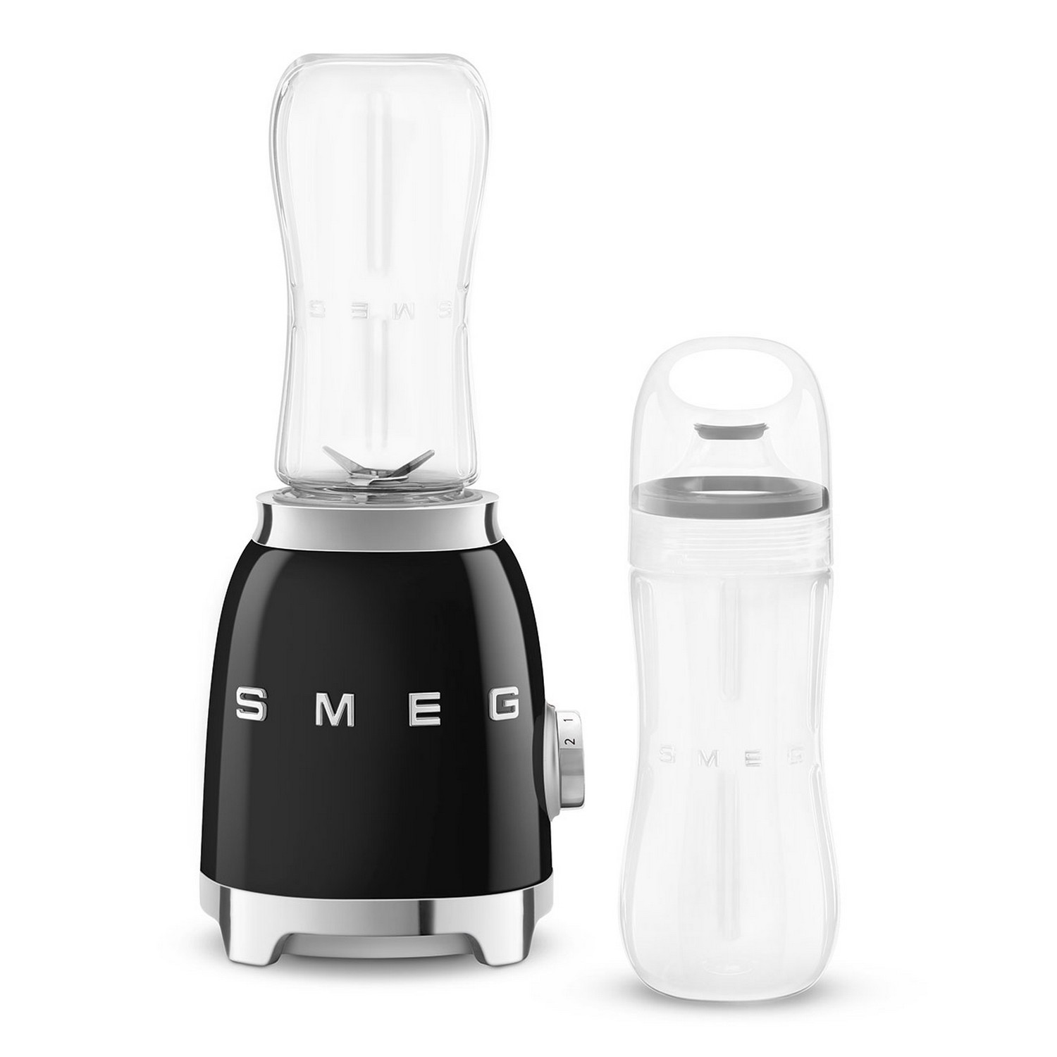 Un blender SMEG noir et un biberon transparent. Le blender a un design rétro.