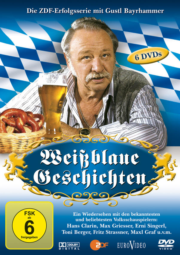 DVD-Cover: Mann mit Bier und Brezeln, Text sagt "Weißblaue Geschichten" und "6 DVDs".