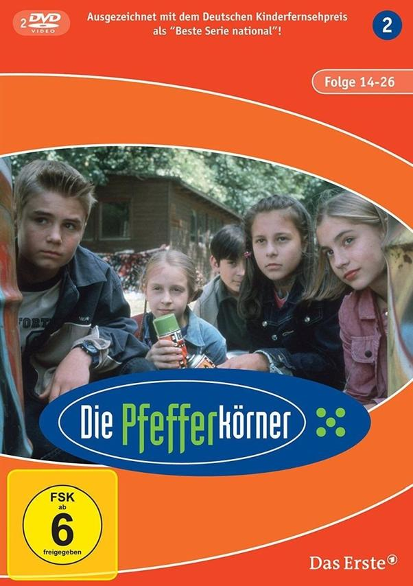 DVD-Cover von 'Die Pfefferkörner', einer Kinderserie, mit Kindern und einem blauen Oval mit Titel.