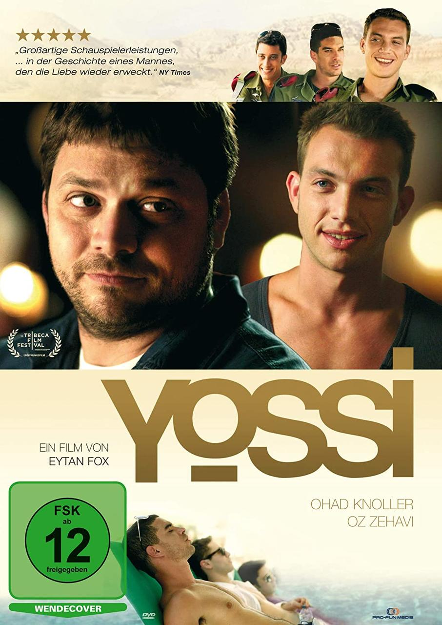 DVD-Cover von 'Yossi' mit drei Männern und Text auf blauem Hintergrund.