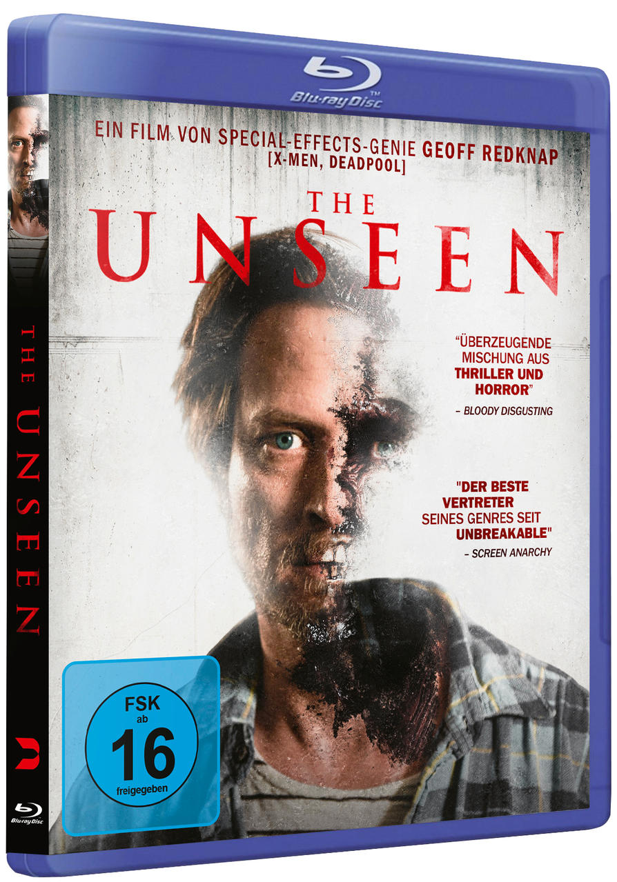 Blu-ray-Disc-Cover des Films „The Unseen“ mit dem Gesicht eines Mannes und Text auf Deutsch.