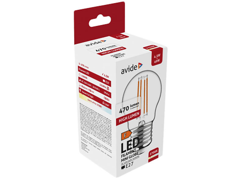 AVIDE LED Filament Mini Globe gömb izzó, 4.5W, E27, 470lm, WW 2700K, meleg fehér (ABLFMG27WW-4.5W)