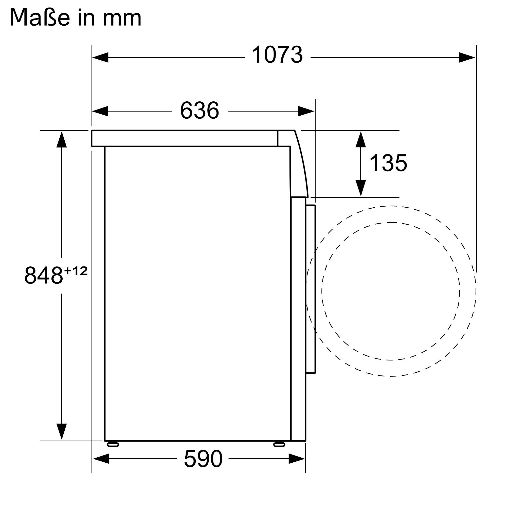 Diagramm mit Abmessungen eines Geräts in mm. Maße umfassen 1073, 636, 848+12 und 590. Gestrichelter Kreis zeigt ein rotierendes Teil.