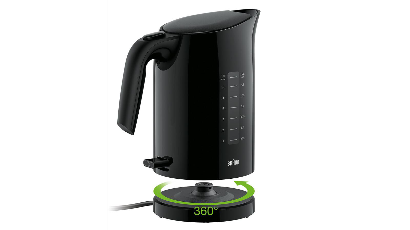 Schwarzer Braun-Wasserkocher mit Griff und Sockel mit einem 360-Grad-Rotationspfeil.