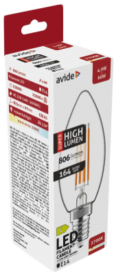 AVIDE LED Filament Candle gyertya izzó, Super High Lumen 4.9W, E14, 806lm WW 2700K (ABLFC14WW-4.9W-SHL)