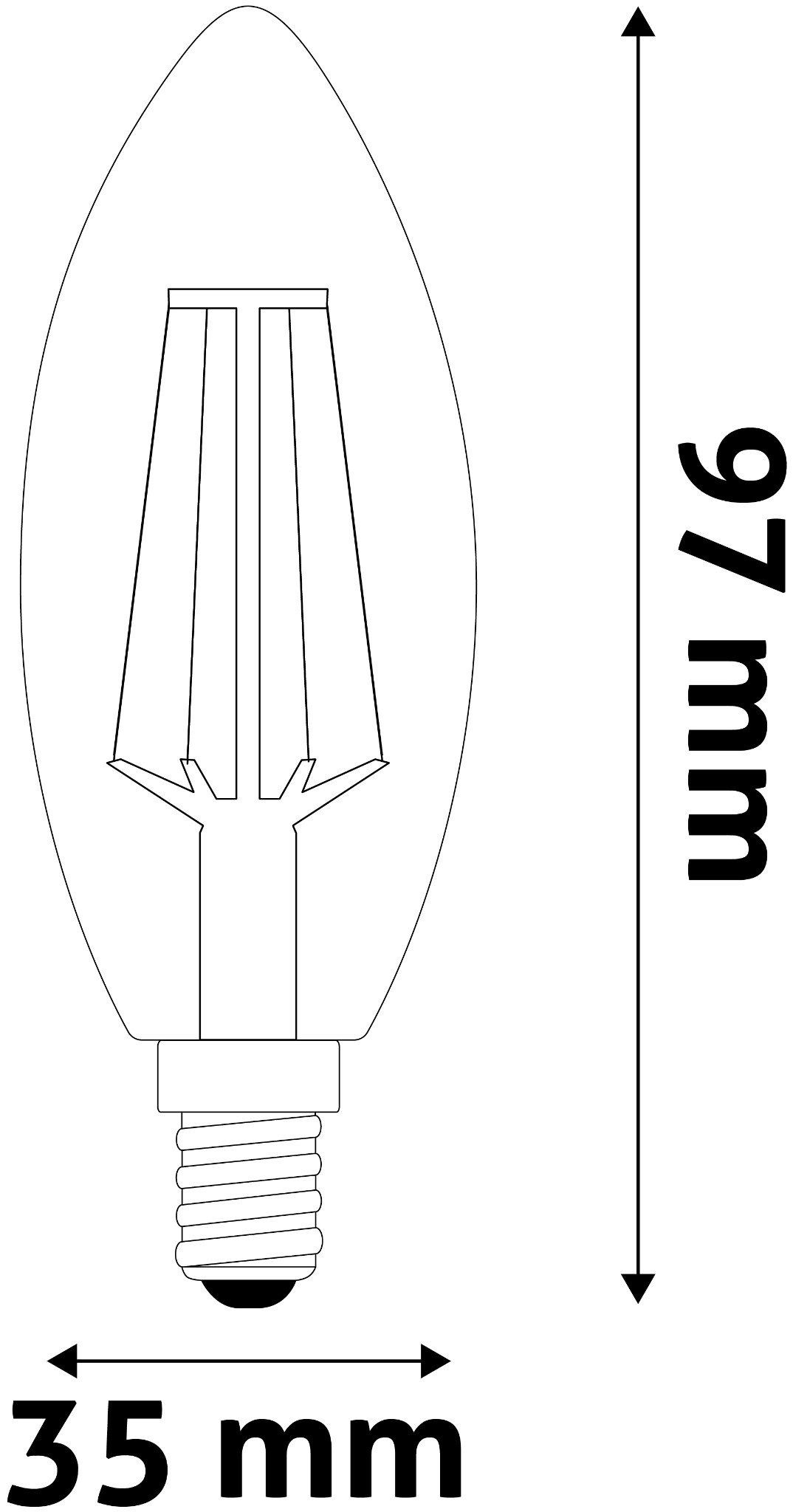 Egy izzó körvonala, 97 mm magas és 35 mm széles méretekkel.