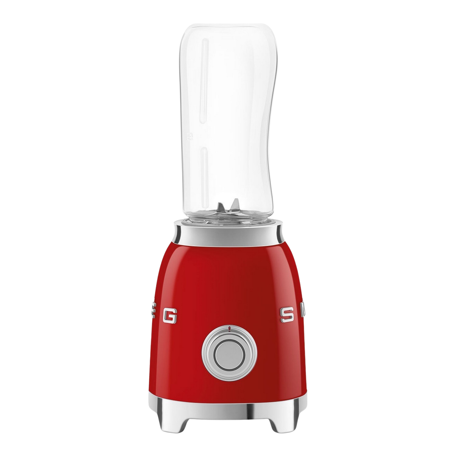 Blender Smeg rouge avec récipient transparent sur fond noir.