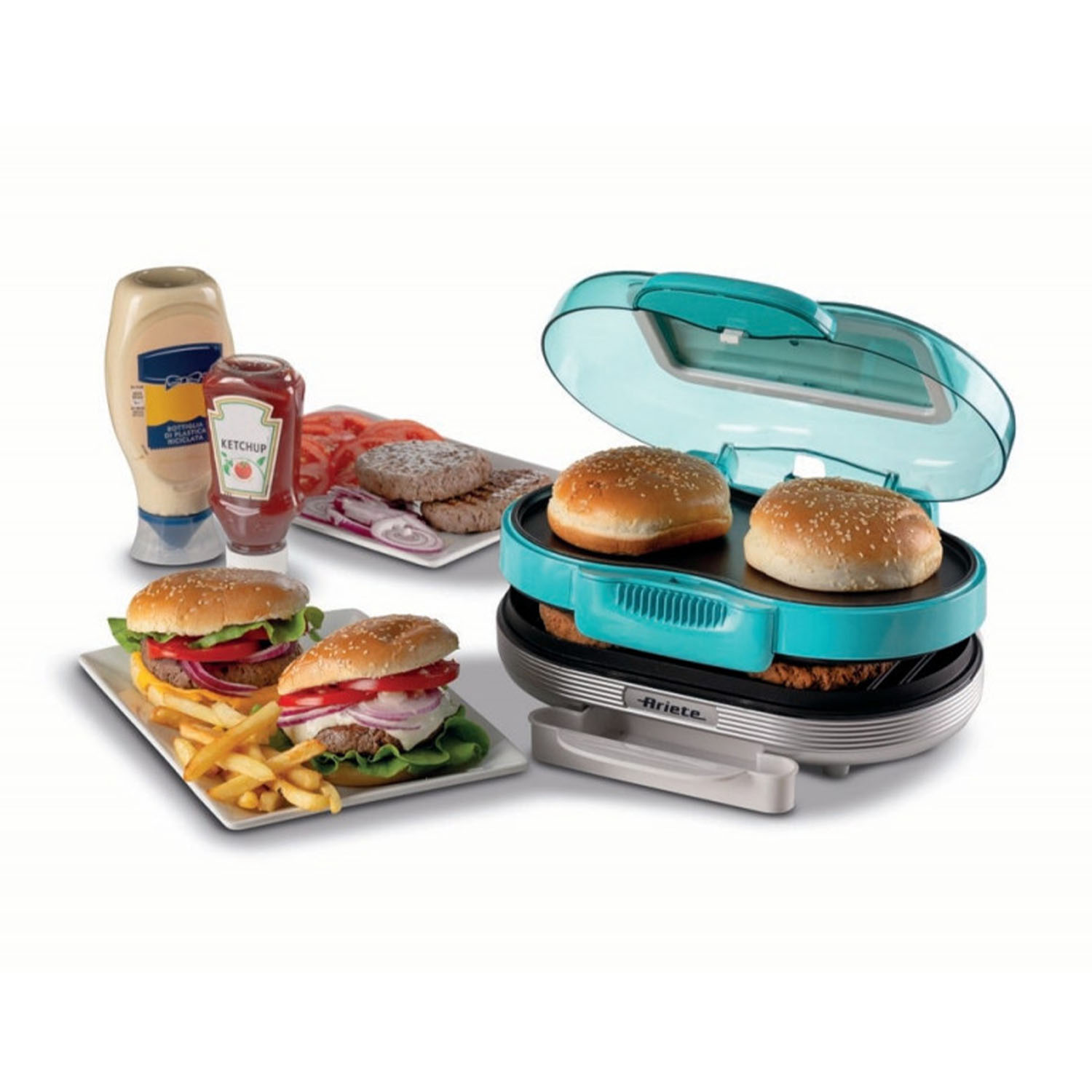 Un'apparecchio per hamburger con hamburger, patatine fritte e condimenti.