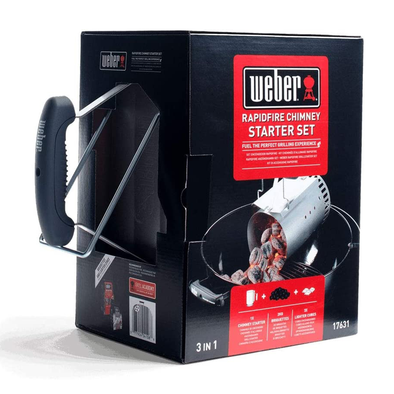 Set avviatore camino a carbone Weber. Scatola nera con manico e avviatore camino in metallo all'interno.