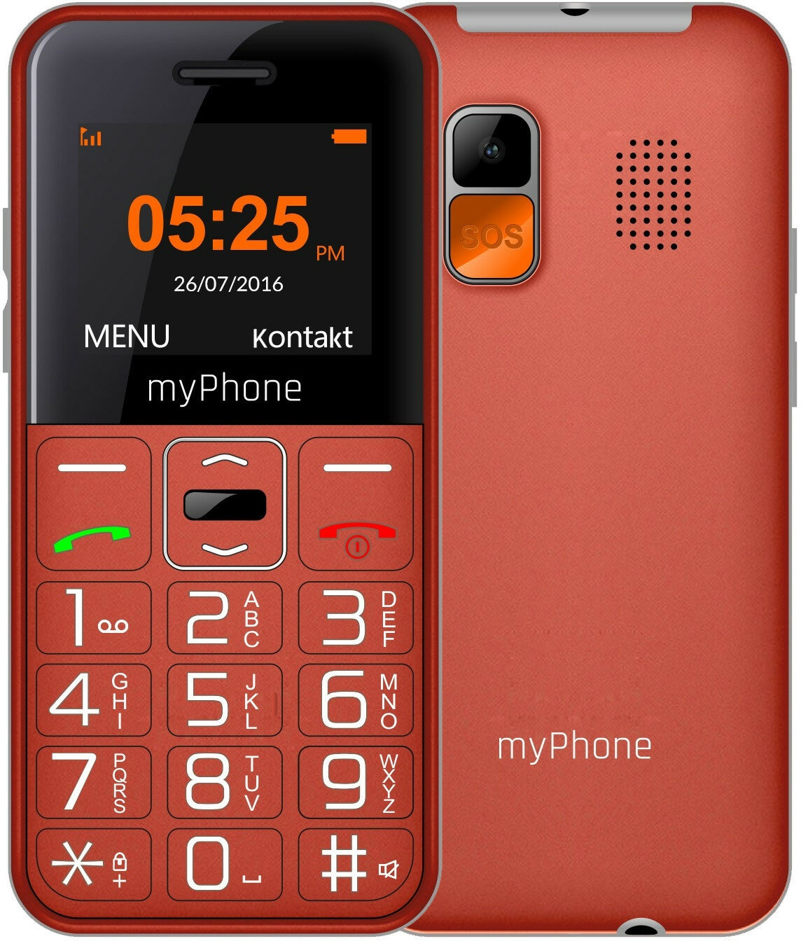 Pomarańczowy telefon z klapką z wyświetlaczem i klawiszami numerycznymi.