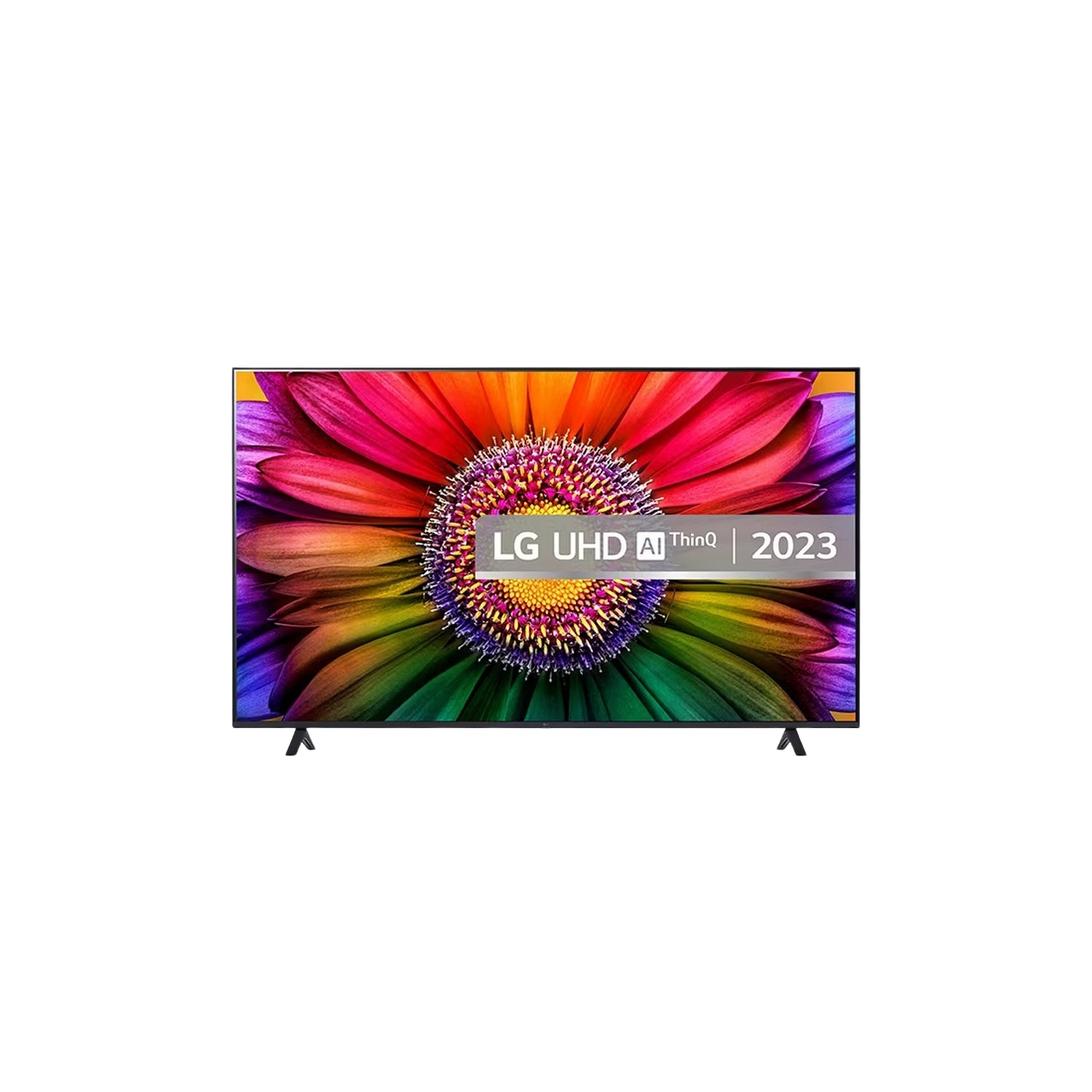 Un écran de TV LG UHD AI ThinQ 2023 affiche un motif floral coloré sur fond noir.