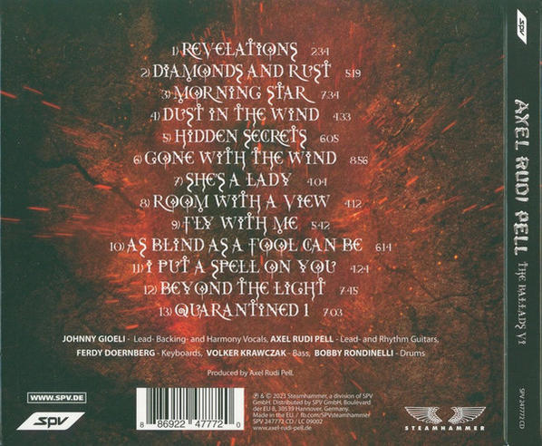 CD-Rückseite mit Titelliste und Musiker-Credits, schwarzer Hintergrund mit rotem Text.