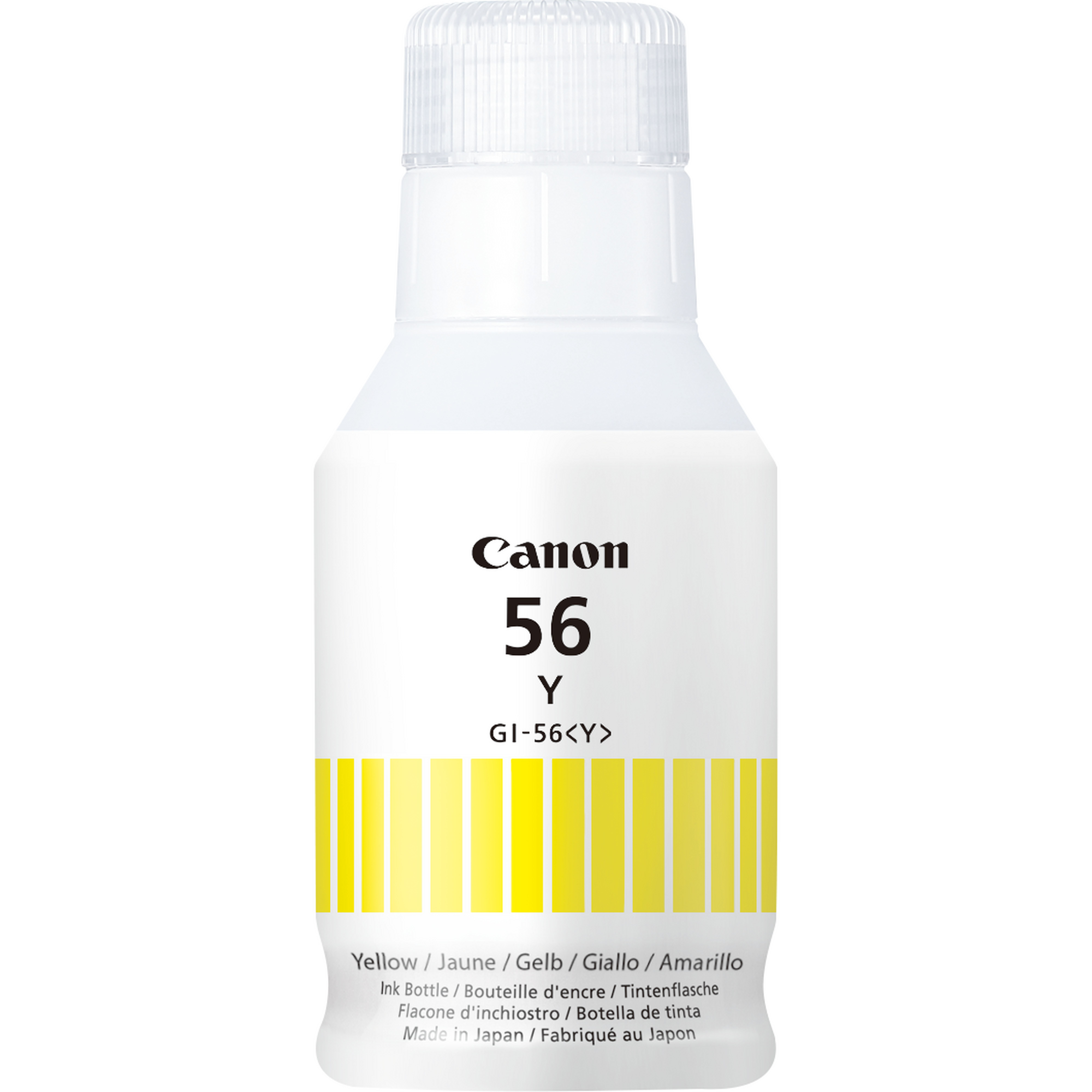 Eine gelbe Tintenflasche für einen Canon-Drucker mit der Aufschrift '56 Y'.
