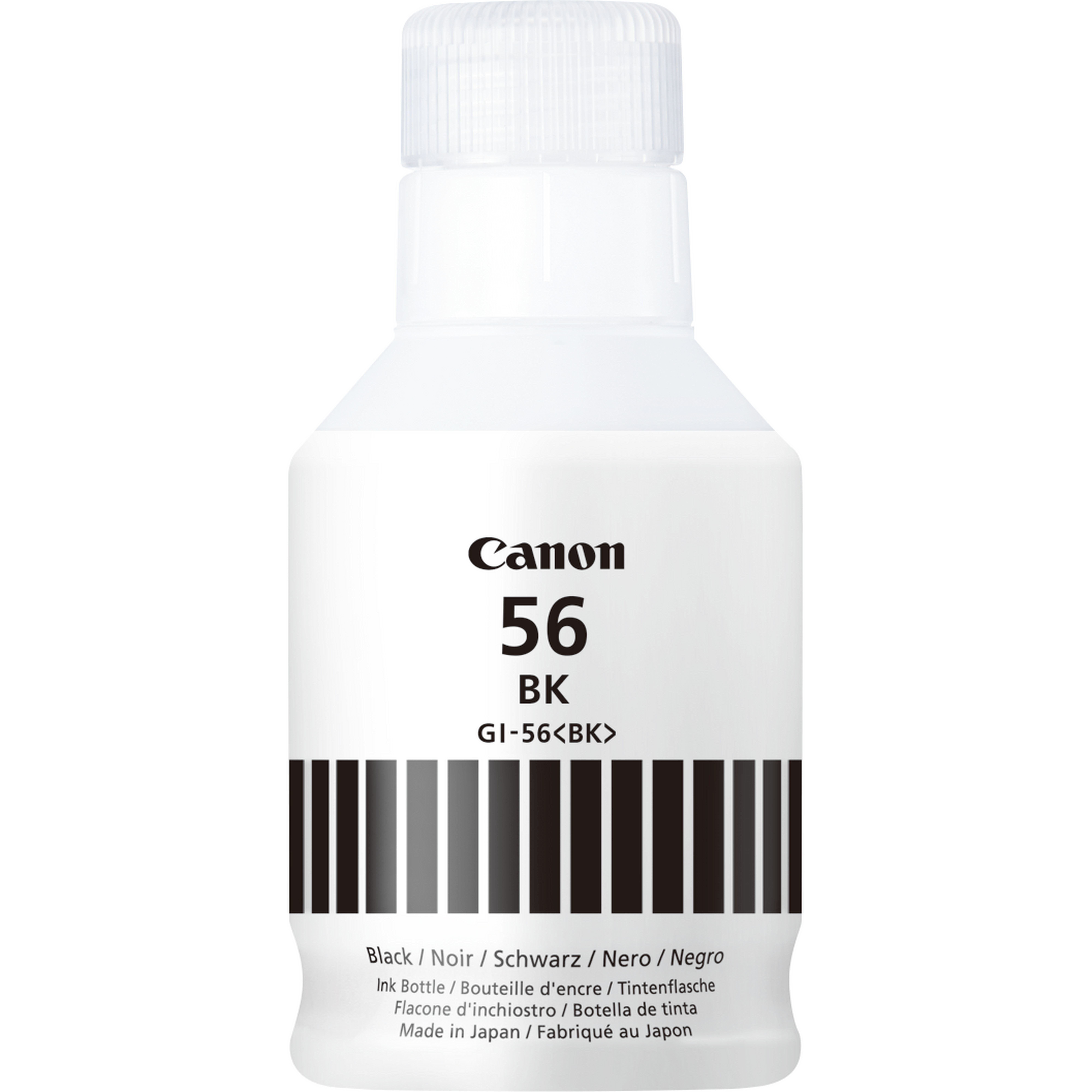 Eine weiße Canon-Tintenflasche mit der Aufschrift '56 BK', Barcode und mehrsprachigem Text.