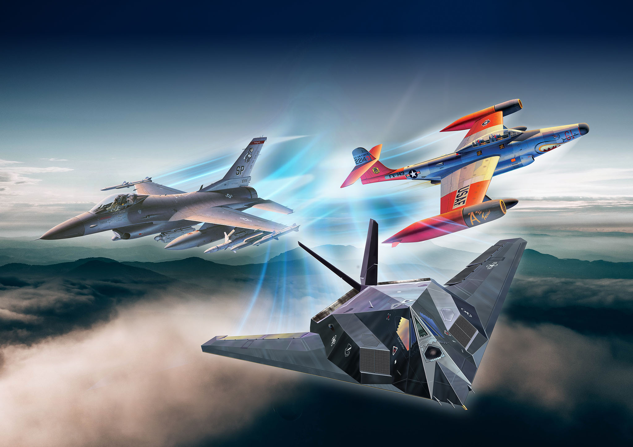 Drei Militärflugzeuge fliegen am Himmel. Die Flugzeuge sind F-16, F-105 und ein Stealth-Jäger.