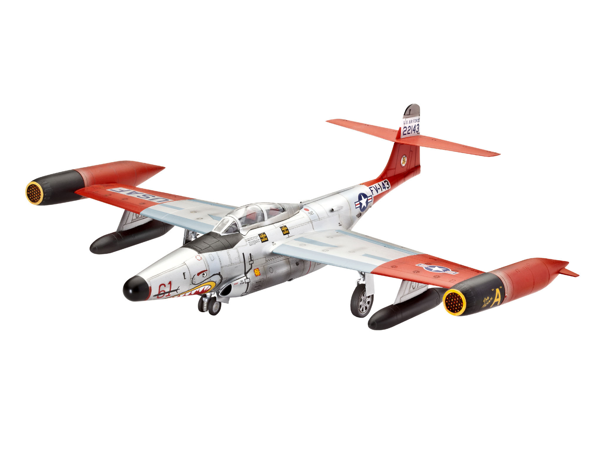 Ein Modellflugzeug, silber und rot, ist abgewinkelt. Es hat Flügel und ein Triebwerk.