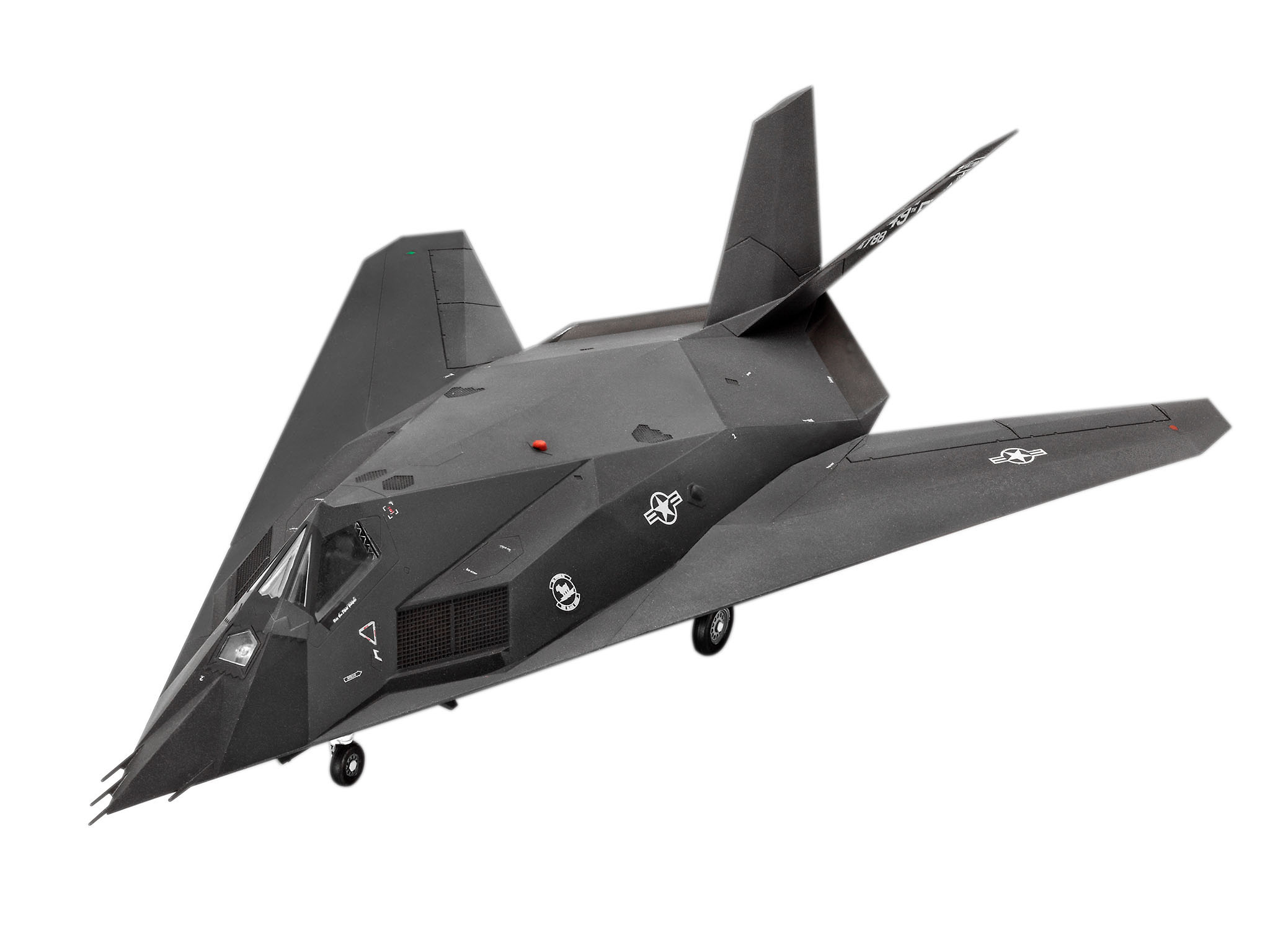 Schwarzes Stealth-Flugzeug auf weißem Grund.