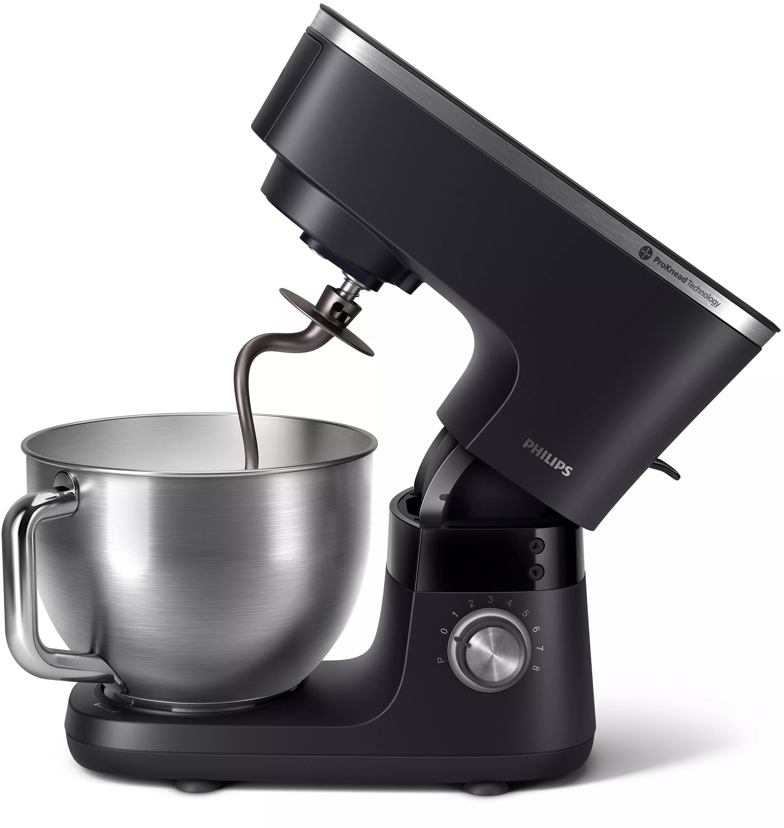 Egy fekete Philips robotgép, fémtállal. A kar fel van emelve és megdöntve.