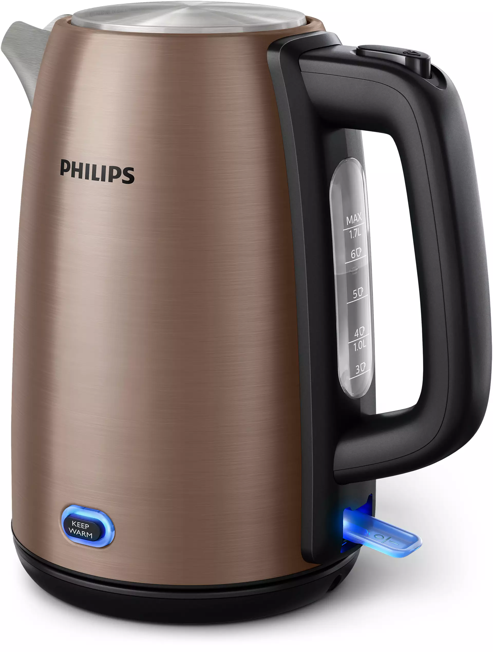 Egy rézszínű Philips vízforraló fekete fogantyúval, vízszintjelzővel és világító kék bekapcsológombbal.