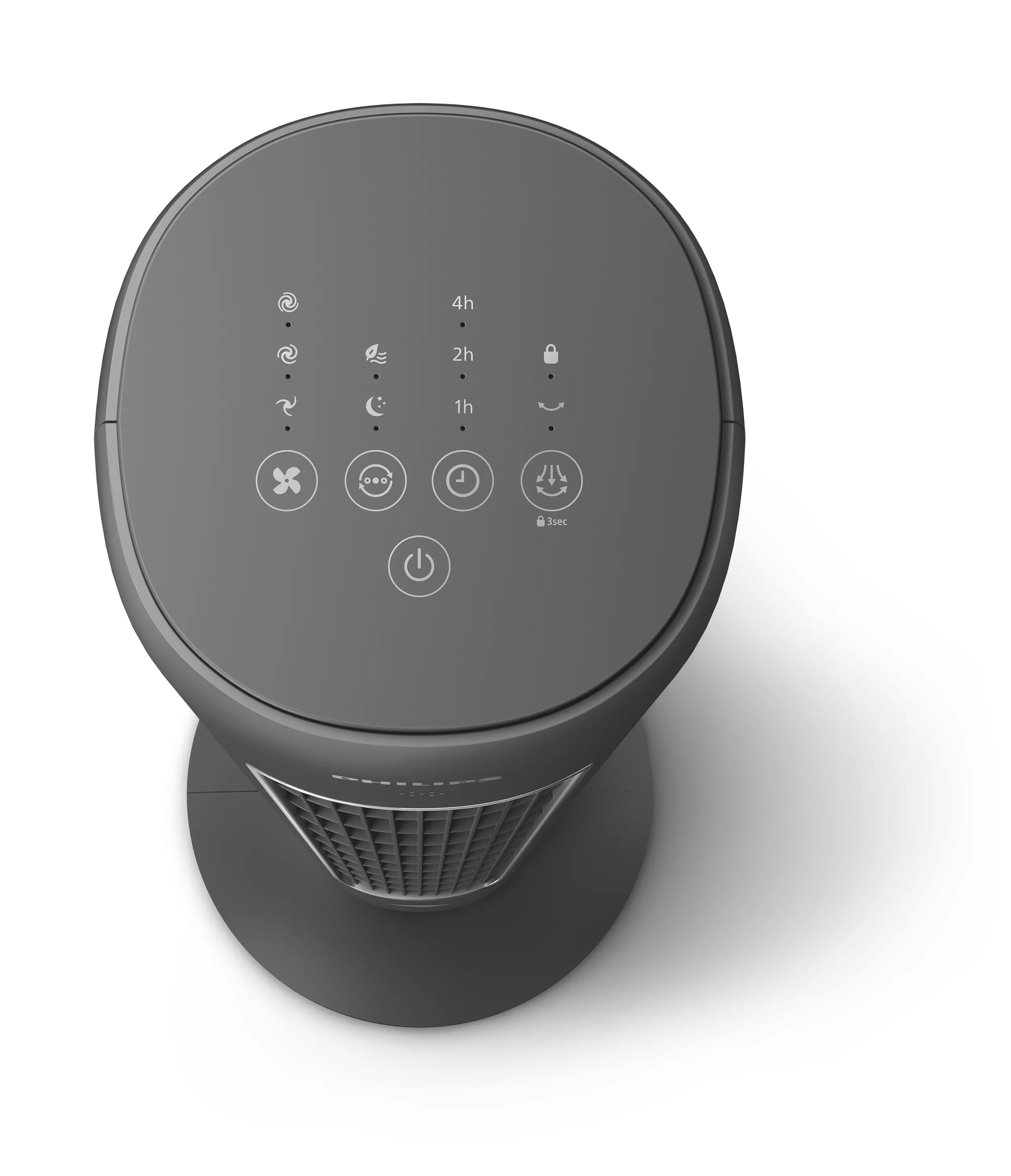 Szürke ventilátor felülnézete, érintőgombokkal és kör alakú talppal.
