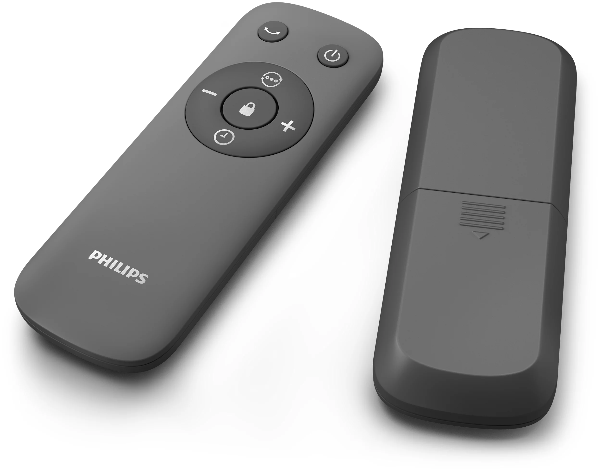 Két szürke távirányító, Philips felirattal, fehér háttéren.
