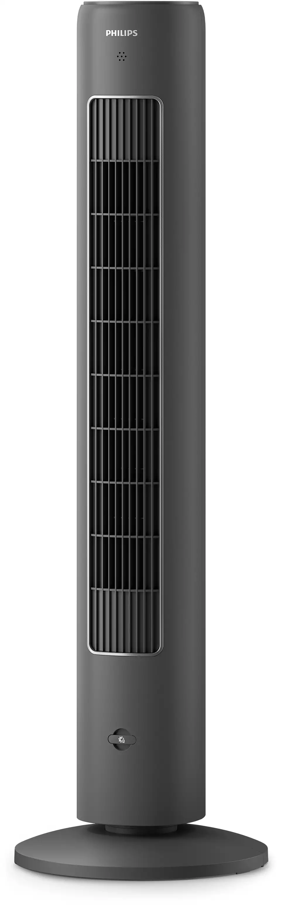 Egy magas, szürke Philips ventilátor fehér háttérrel.