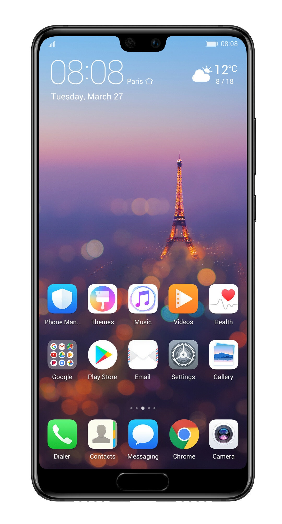 Smartfon wyświetlający krajobraz miejski z Wieżą Eiffla, pokazujący ikony aplikacji na ekranie głównym.