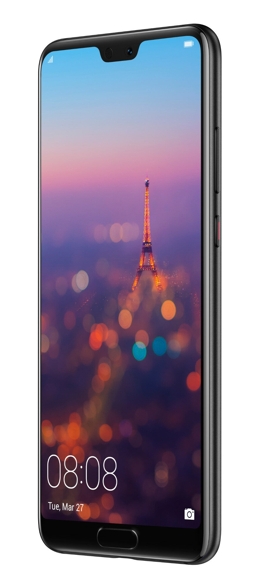 Czarny telefon z Wieżą Eiffla na ekranie. Jest pochylony, pokazując bok i ekran.