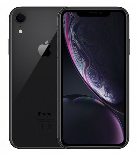 Czarny iPhone XR z dwoma aparatami, widok z tyłu i z przodu.