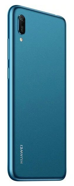 Niebieski telefon pod kątem na białym tle. Widok z tyłu, widoczny aparat i lampa błyskowa. Logo Huawei.