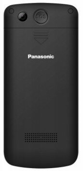 Tył czarnego telefonu Panasonic z aparatem, przyciskiem SOS i głośnikiem.