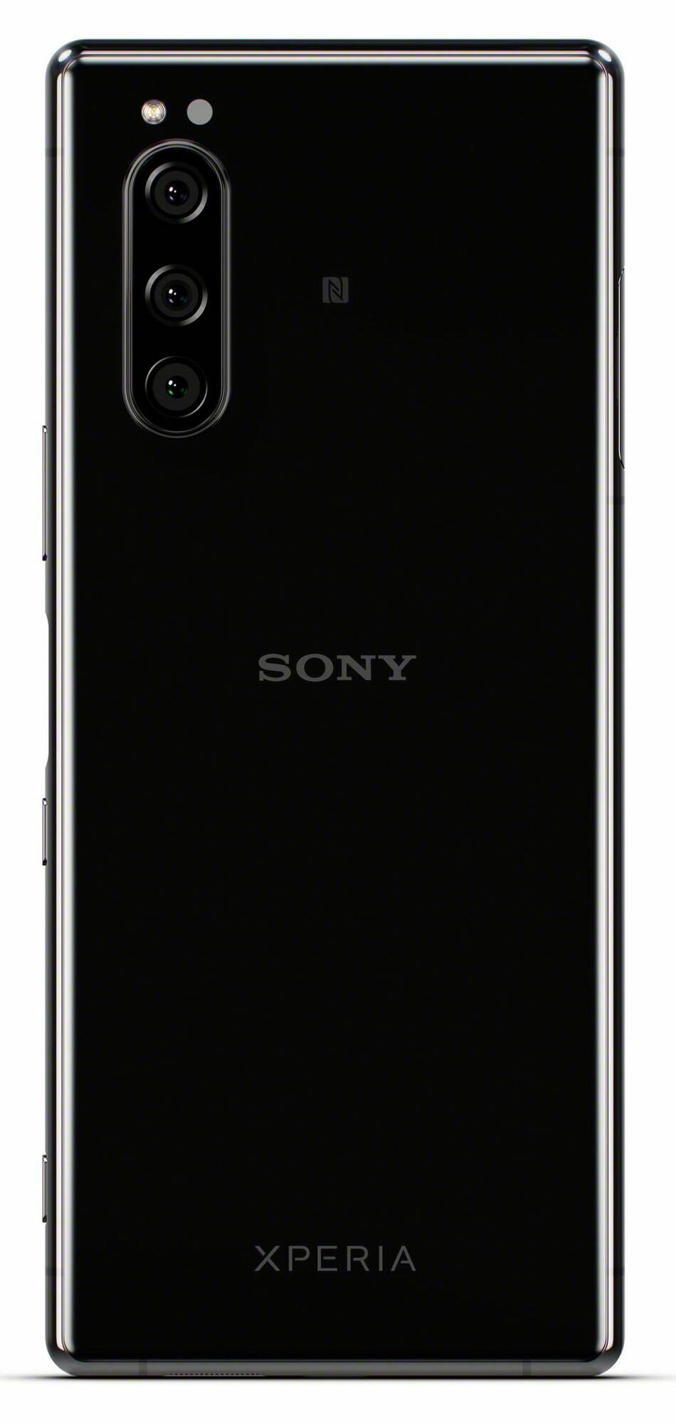 Czarny smartfon Sony Xperia z trzema aparatami i logo Sony i Xperia.
