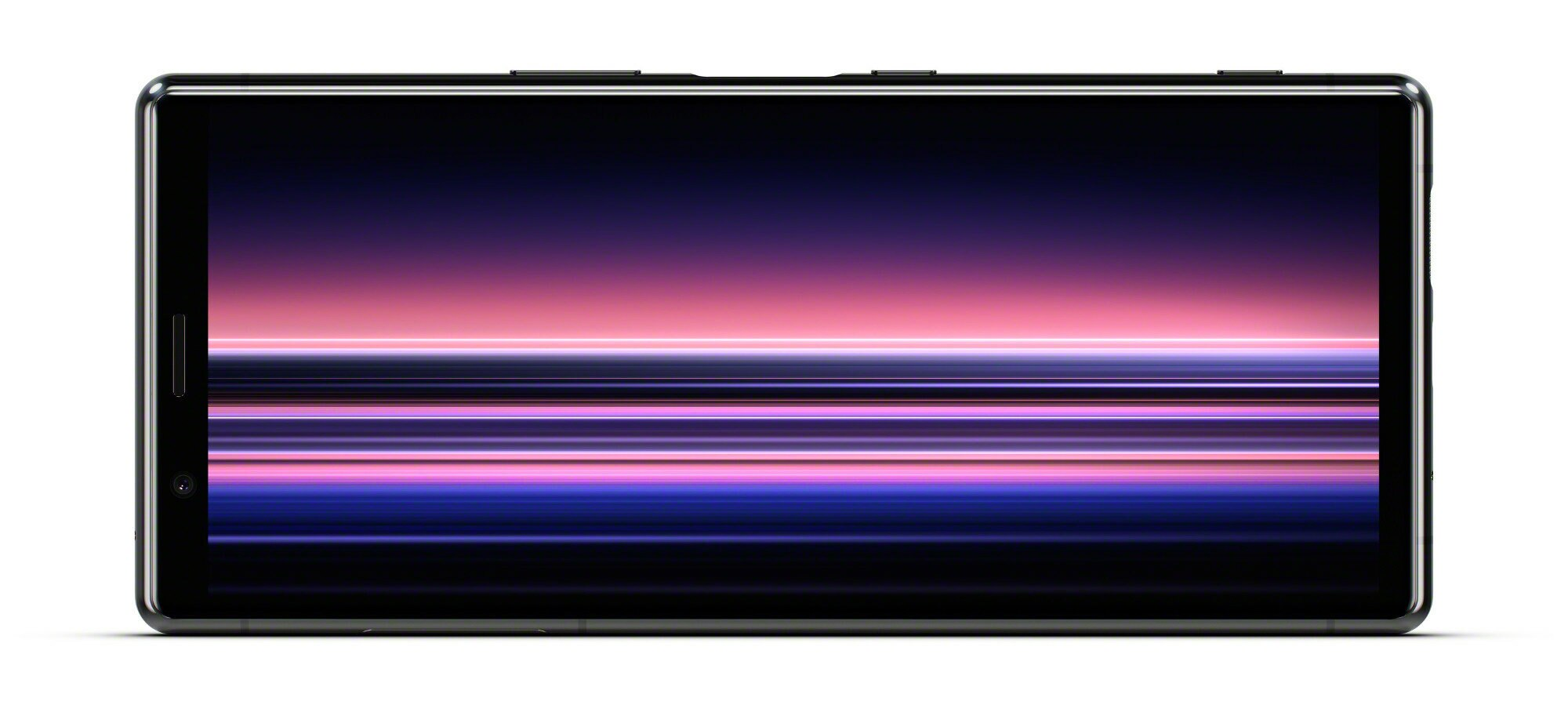 Czarny telefon z kolorowym, abstrakcyjnym tłem na ekranie. Telefon jest na białym tle.