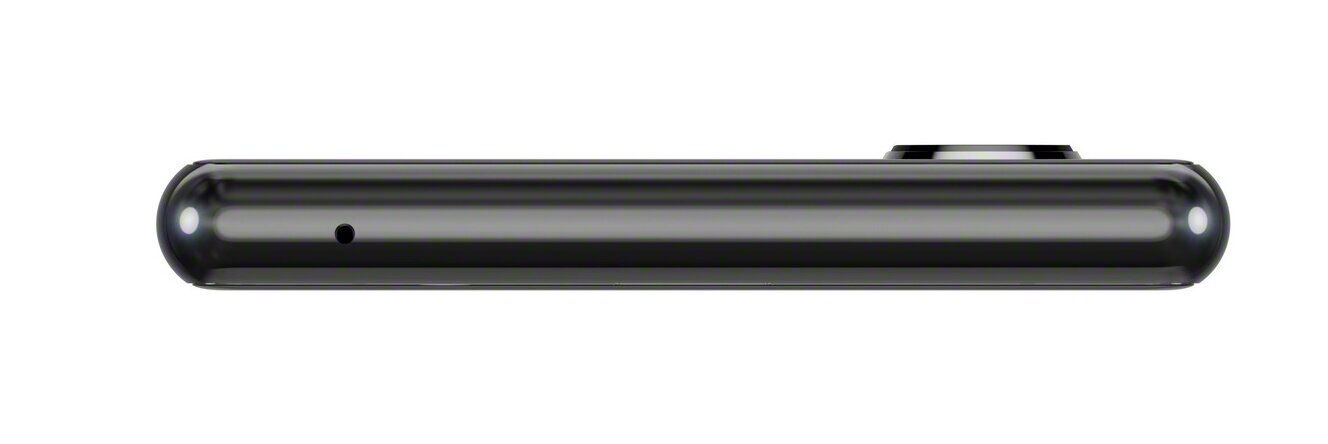 Czarny telefon, widok z boku, z aparatem i mikrofonem na górnej krawędzi.