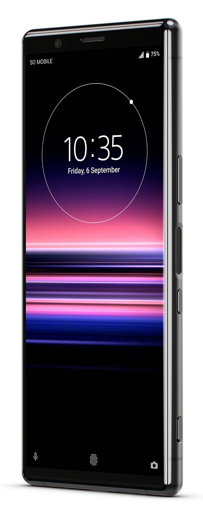 Czarny smartfon wyświetlający zegar i kolorowe linie poziome.