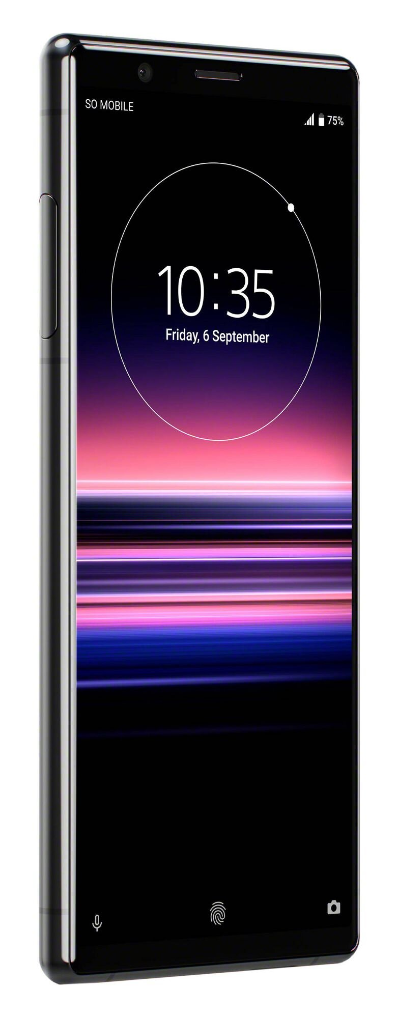 Czarny telefon z dużym ekranem pokazującym zegar. Wyświetla '10:35' i 'Piątek, 6 września'. Telefon jest pod kątem.